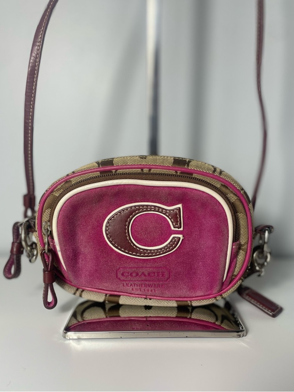 Rare Coach Vintage Jacquard Signature "C" Pink Suede Crossbody Bag